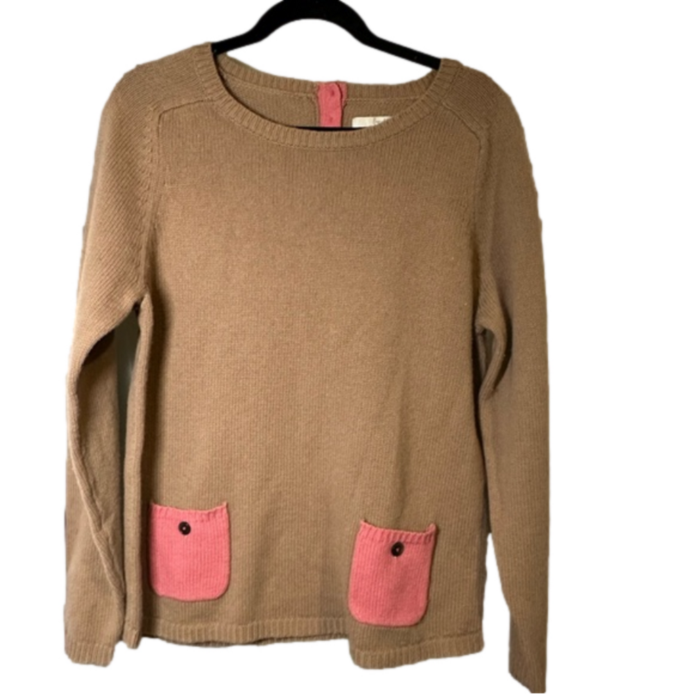 BODEN Size 12 Wool Camel and Pink Crewneck Sweater